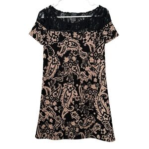Stoosh Black & Beige Paisley Floral Lace Neckline Mini Dress Size Small